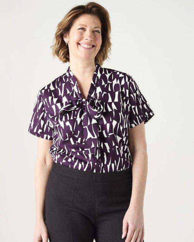 Plum Shards SS Low Tie Neck Blouse