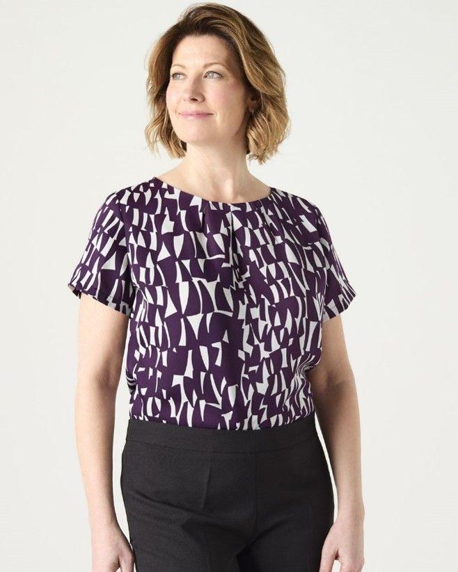 Plum Shards SS Pleat neck blouse