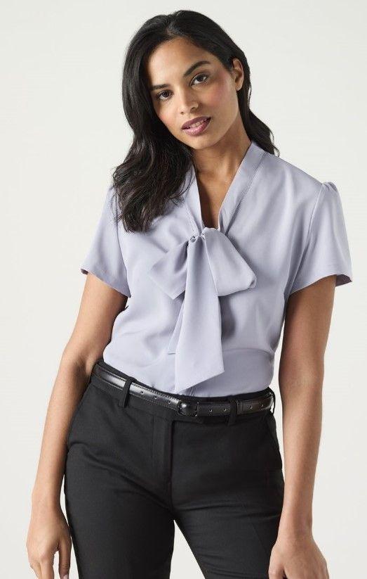 Pale Grey Low Tie Neck Blouse