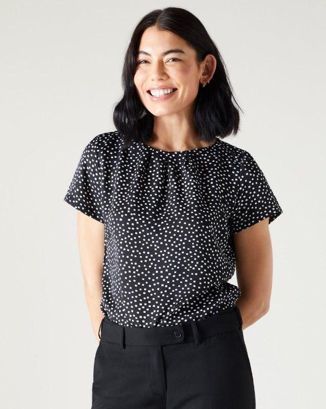 Black & White Squares Pleat Neck Blouse
