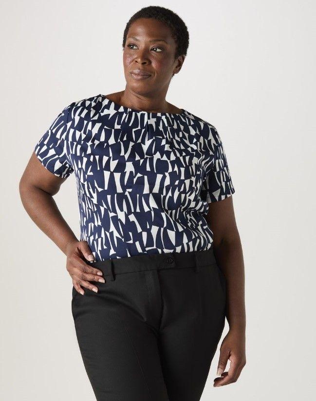 Navy Shards SS Pleat Neck Blouse