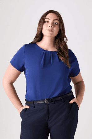 French Navy Pleat Neck Blouse