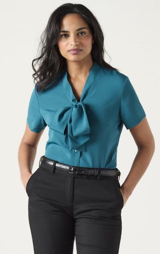 Dark Teal Low Tie Neck Blouse