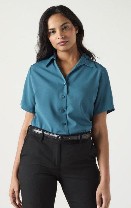 Dark Teal Open Collar SS Blouse