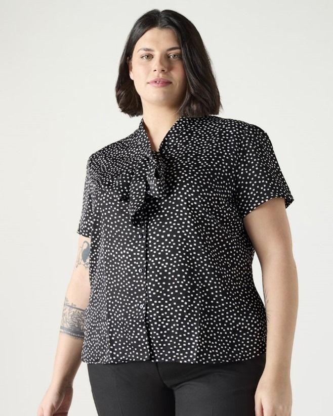 Blk/Wht Squares Low Tie Neck Blouse