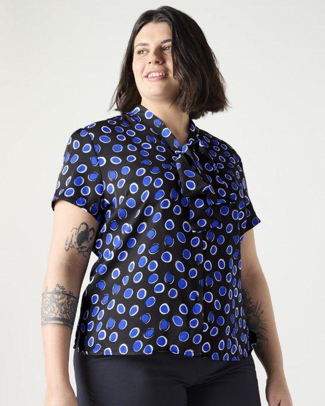 Blue Circle Low Tie Neck Blouse