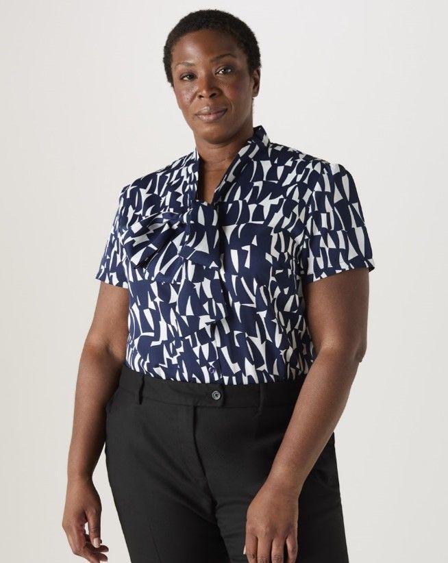 Navy Shard Low Tie Neck Blouse