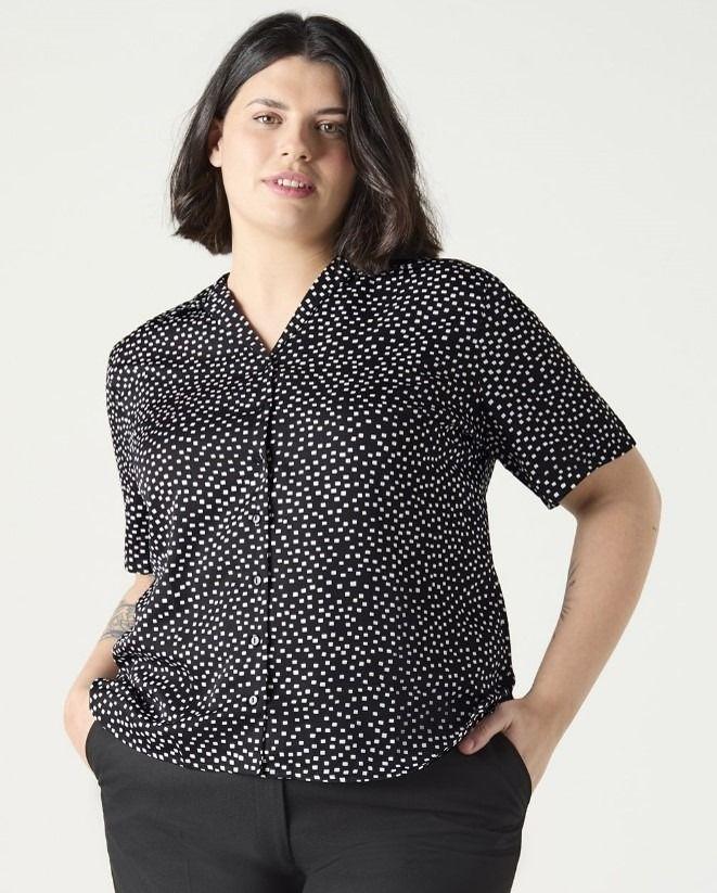 Blk/Wht Squares Open Collar SS Blouse