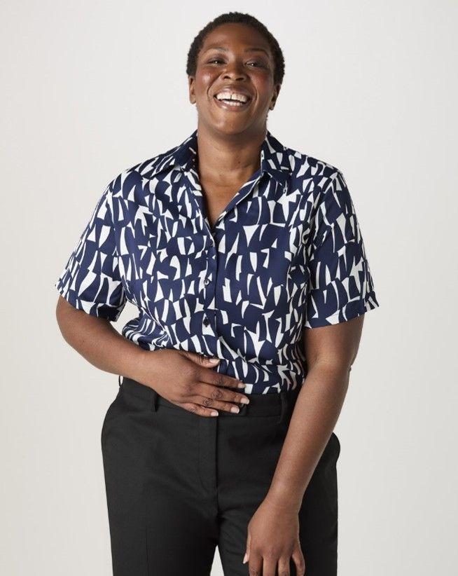 Navy Shard SemiFitted Open Collar Blouse