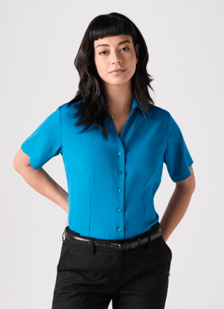 Teal Open Collar Crepe De Chine Blouse