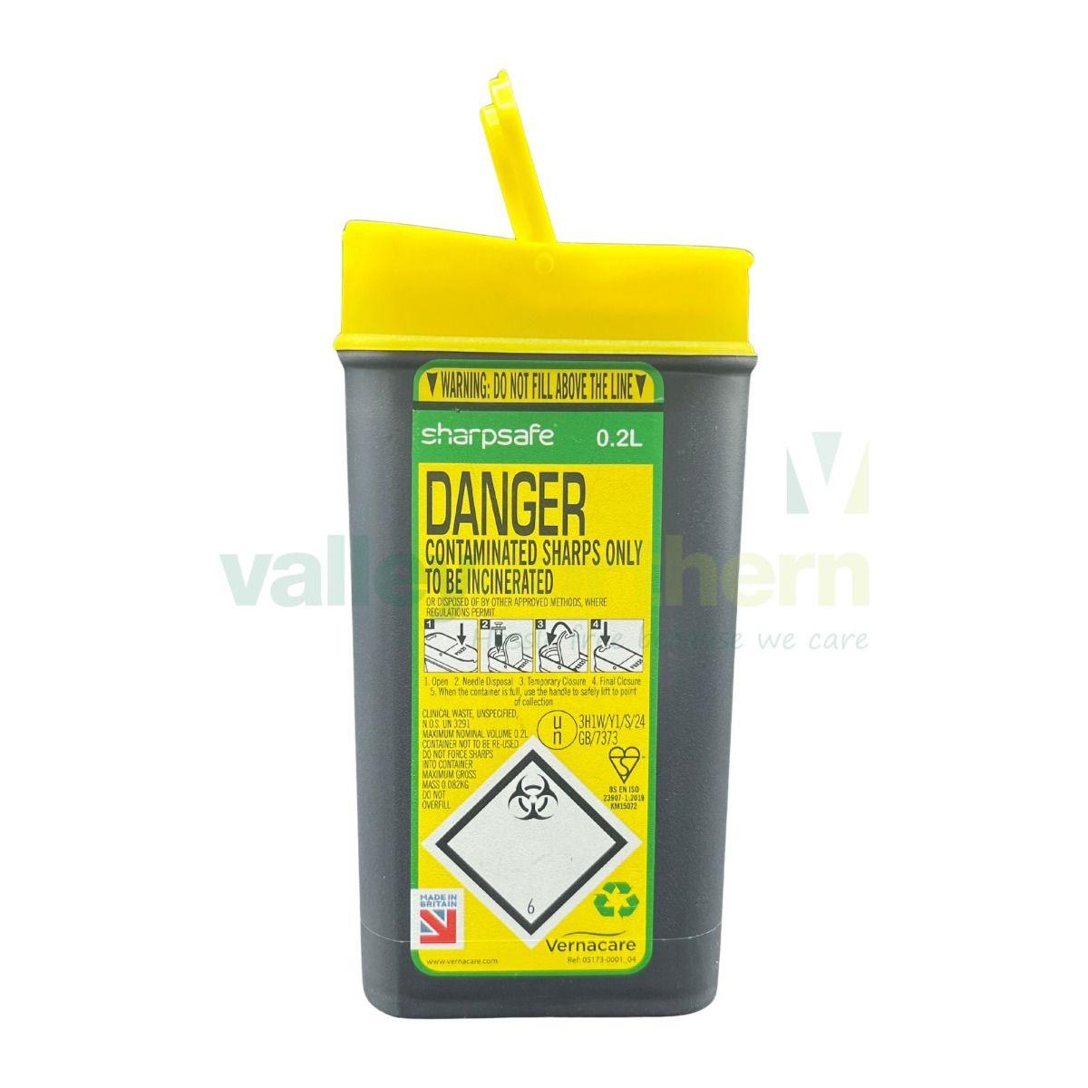 PSSB-02 0.2 Litre 200ml Pocket Sized Sharps Bins Grey bin Yellow lid Pack of 100